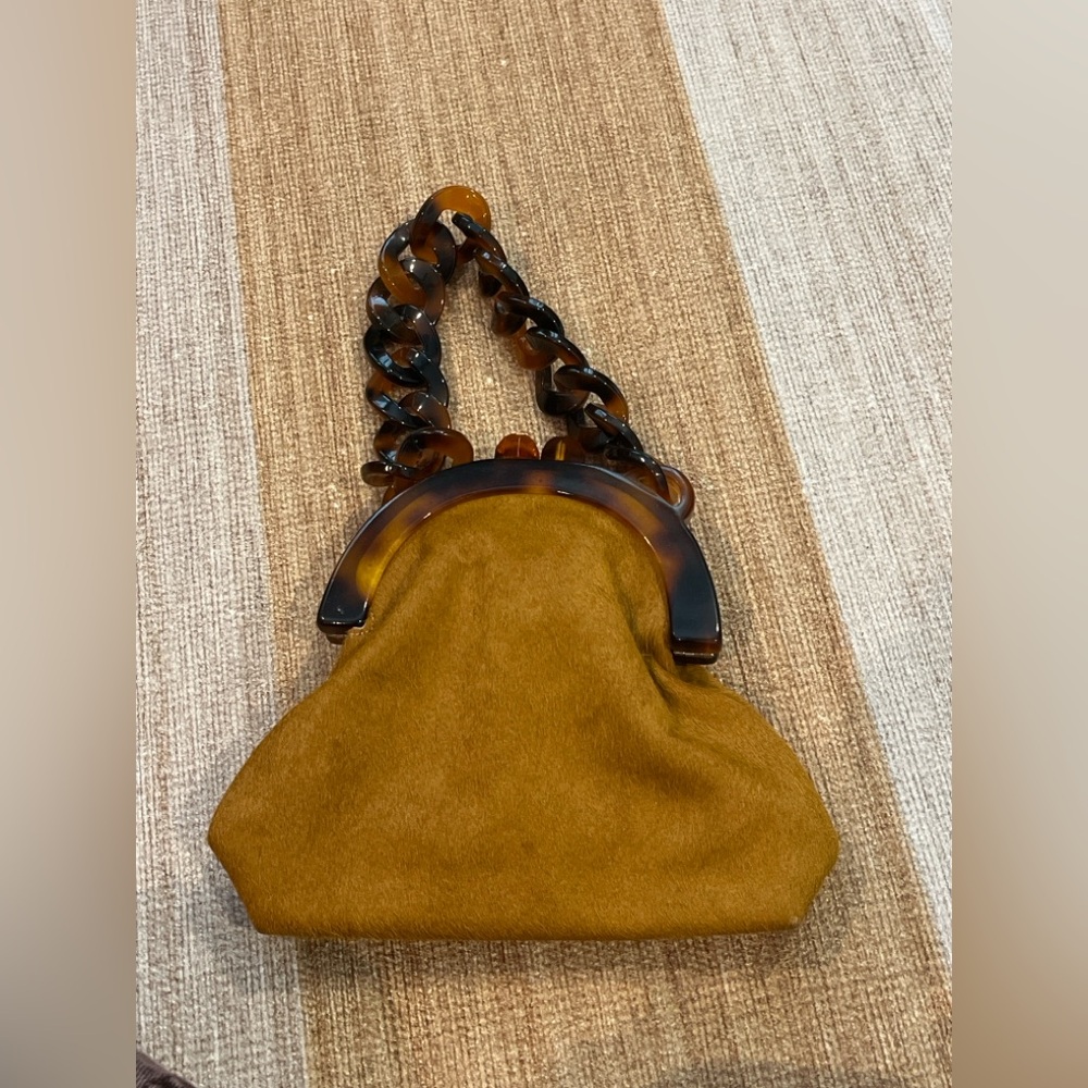 Anthropologie 100% Calf Hair Mini Top Handle Bag 8” brown and tortoiseshell - Picture 2 of 10